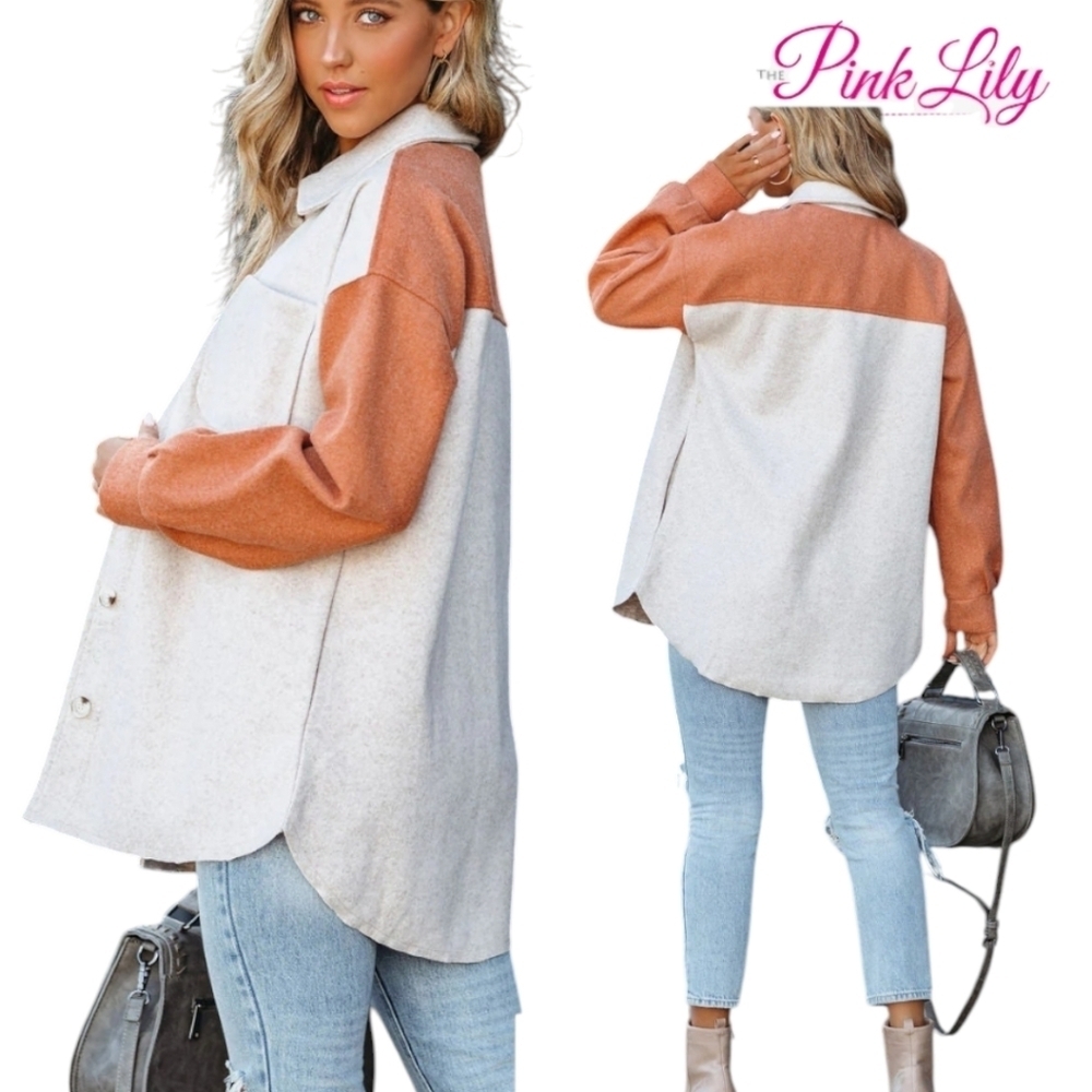 PINK LILY Shacket Pocketed Colorblock Shacket - Taupe/ Rust Size Medium - Picture 3 of 5